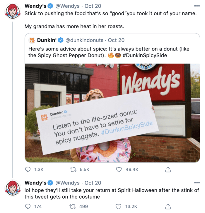 Wendy'nin sosyal medya stratejisi genellikle Dunkin' Donuts ile dalga geçen bu tweet gibi kızartmalar içeriyor