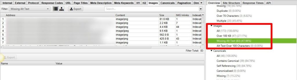 Screaming Frog SEO Elementos Imágenes
