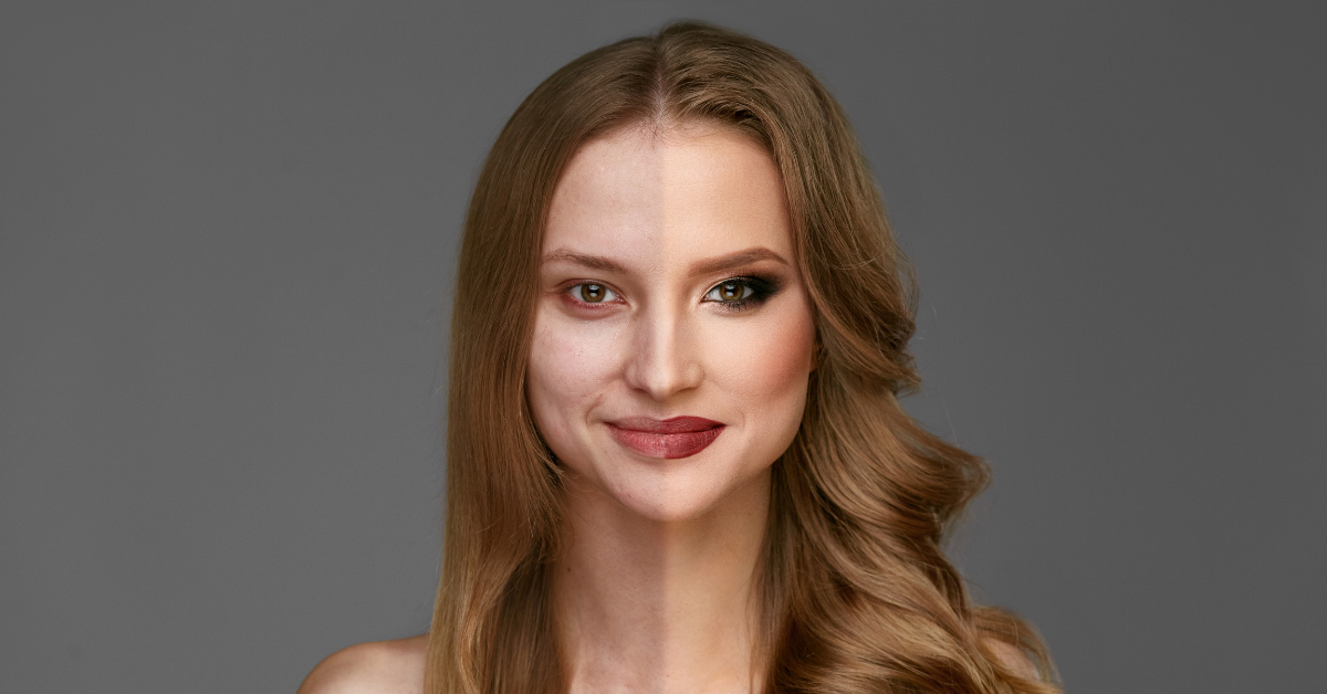 Model care s-a machiat pentru jumătate din față pentru o campanie de marketing înainte și după