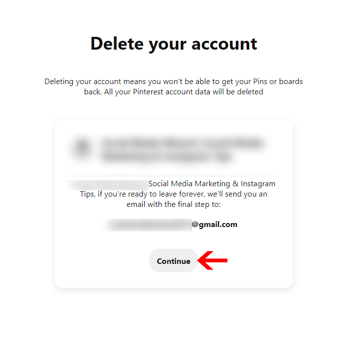 Последний шаг удаления вашей учетной записи pinterest с компьютера
