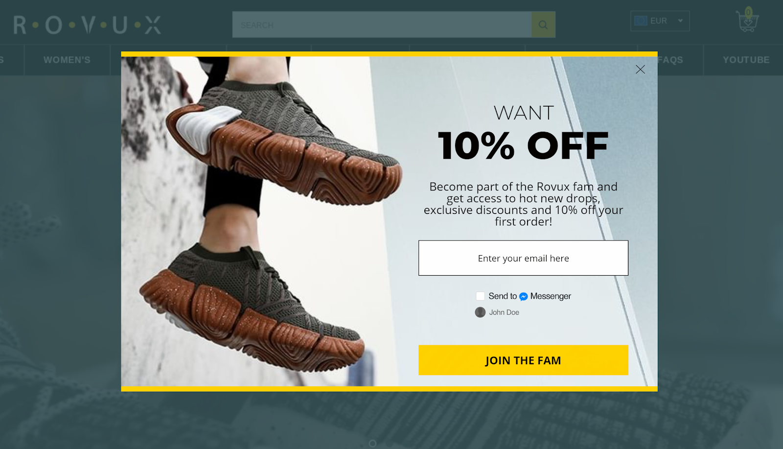 収益とEメールサブスクライバーを増やすための10のShopifyポップアップ ROVUX footwear email popup shopify - 10 Shopify Popups to Grow Your Revenue & Email Subscribers