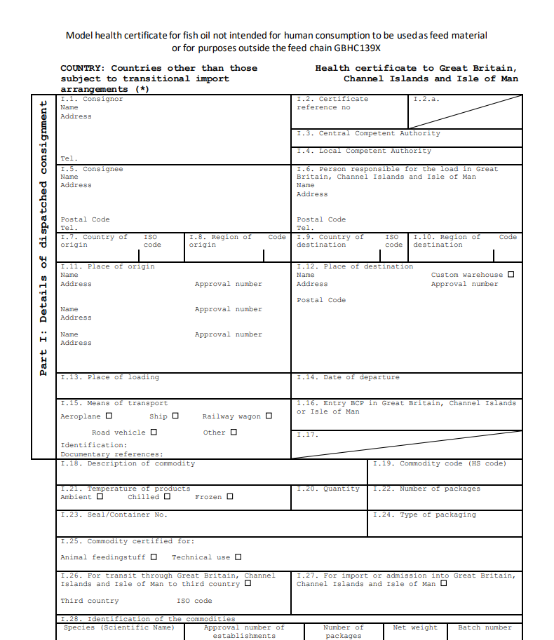 Certificados de saúde de produtos animais exigidos pela Grã-Bretanha