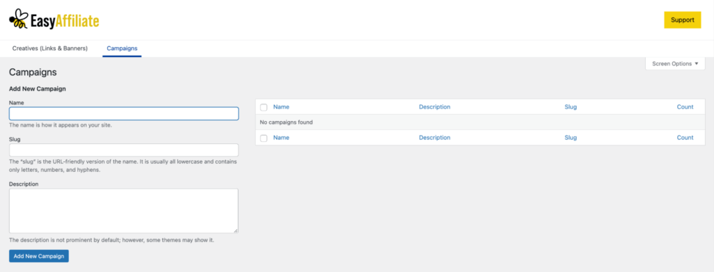 轻松关联创建活动 |轻松加盟 Creating a campaign in Easy Affiliate.
