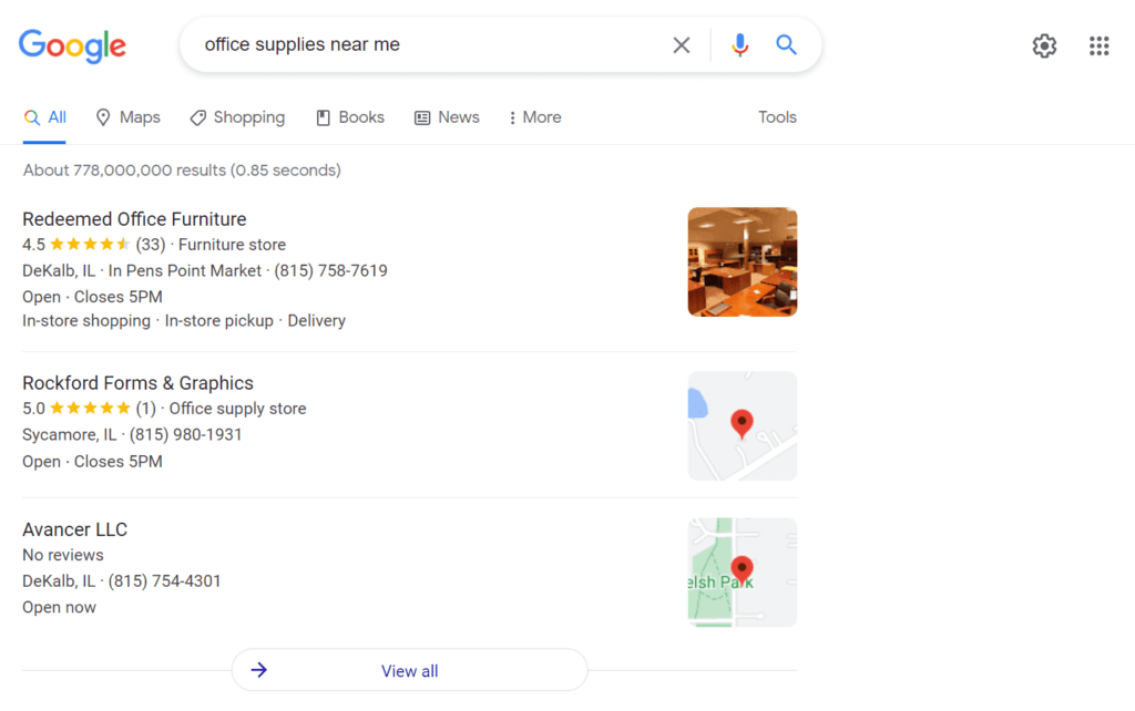 办公用品-附近搜索|轻松加盟 A local Google search for "office supplies near me".