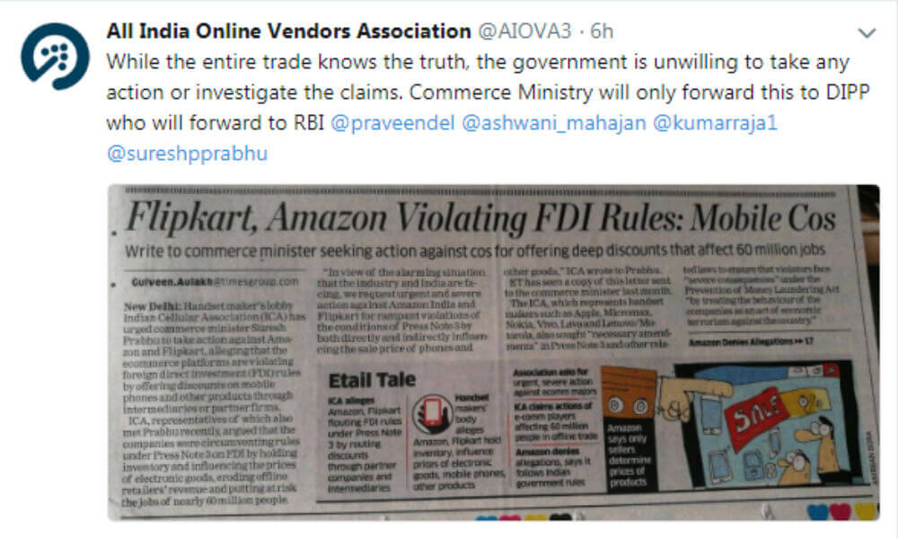 e コマースの巨人、Amazon India、Flipkart Flout FDI ルール: ICA