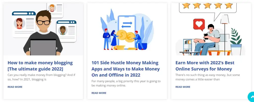 exemples de 3 articles de blog différents avec une image et un titre sous l'image.