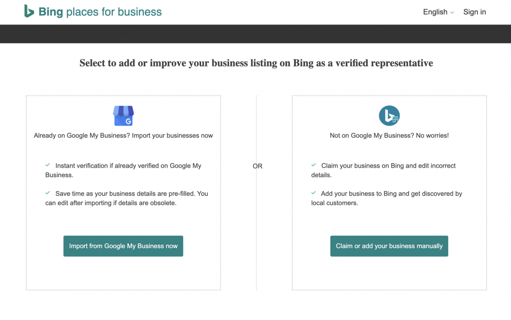 Bing Places for Business 仪表板的图片,用于添加或改进您的商家信息