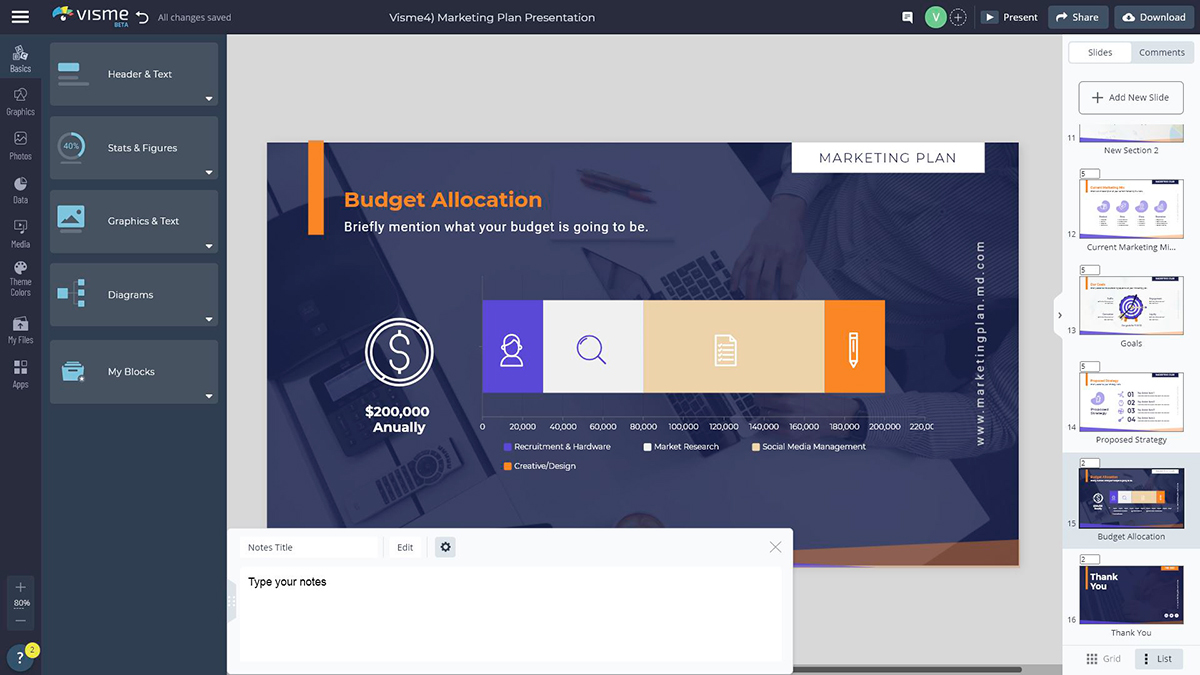 Uno screenshot della funzionalità delle note del presentatore si apre nell'editor di design di Visme.