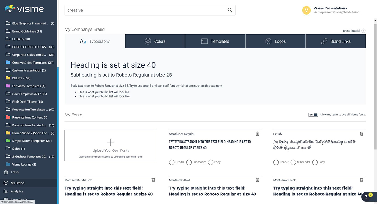 Uno screenshot dell'area del Brand Kit nella dashboard di Visme.