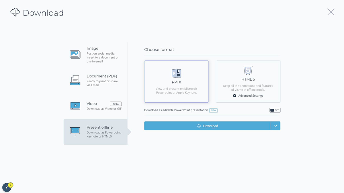 Uno screenshot delle opzioni di download per le presentazioni in Visme.