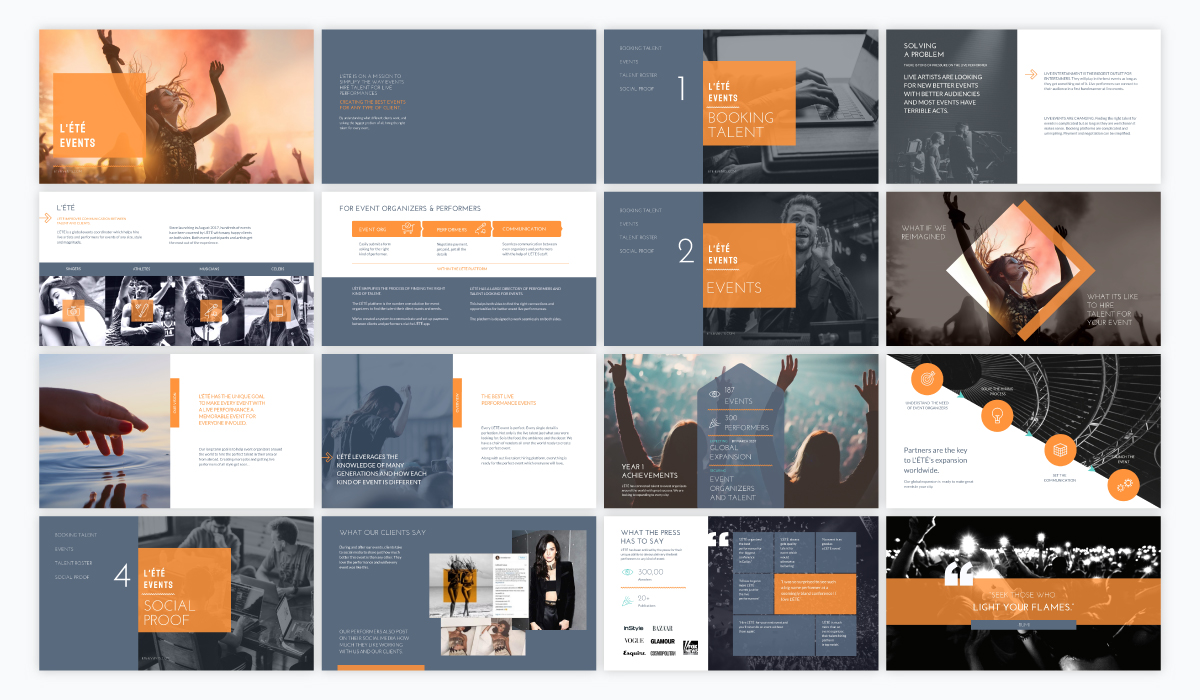 Un modello di presentazione di vendita di eventi grigio e arancione disponibile in Visme.