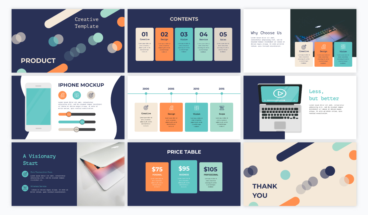 Una presentazione di vendita di prodotti con blu scuro mescolato a diapositive dai colori vivaci disponibili per la modifica in Visme.