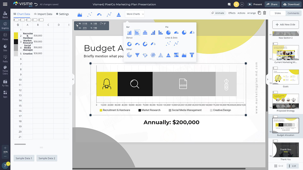 Uno screenshot del motore grafico all'interno dell'editor di progettazione di Visme.