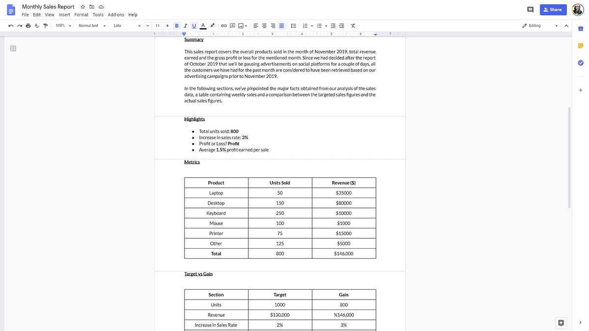 Uno screenshot di un documento Google con uno schema di presentazione di vendita.