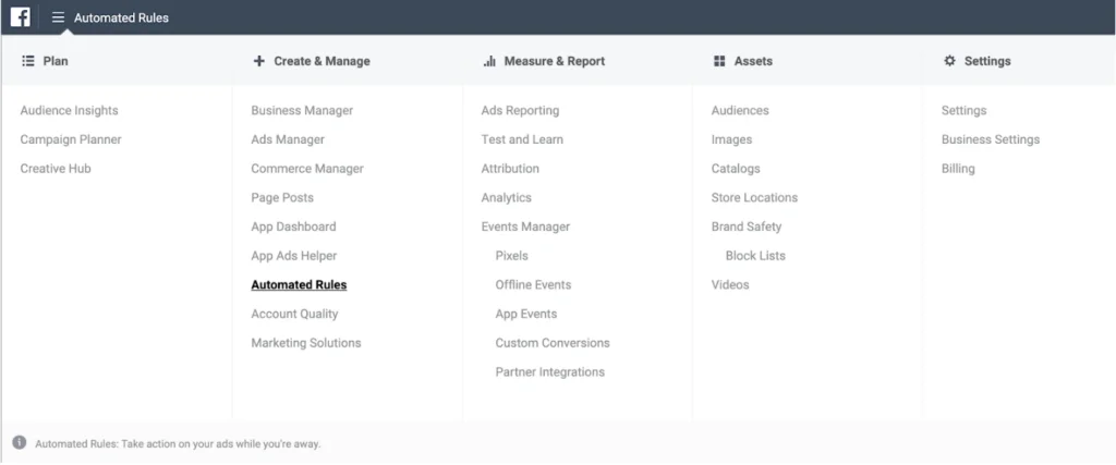Facebook広告マネージャーメニューの22自動化ルール22