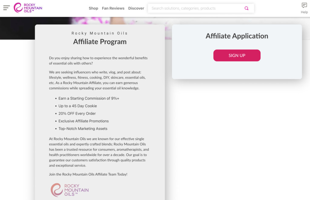 Rocky Mountain Oils affiliate program application page.