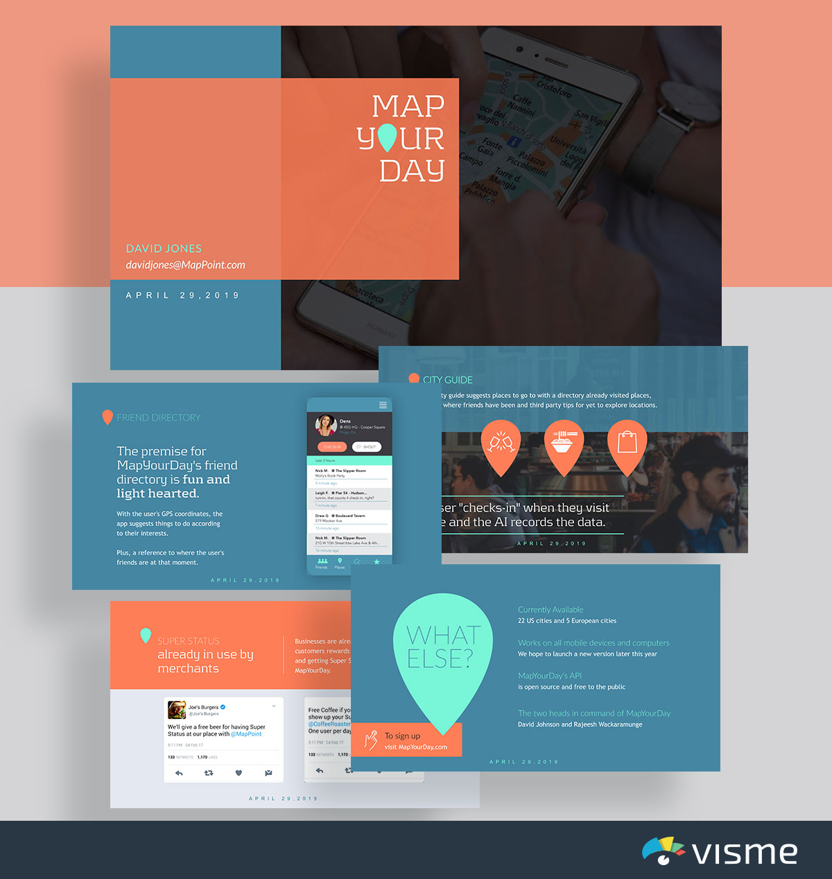 слайды презентации - наметьте свой день в формате Foursquare Pitch Deck Template visme