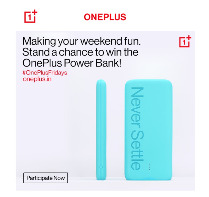 Kapağında Never Settle yazan açık mavi bir cep telefonu ile OnePlus reklamı.