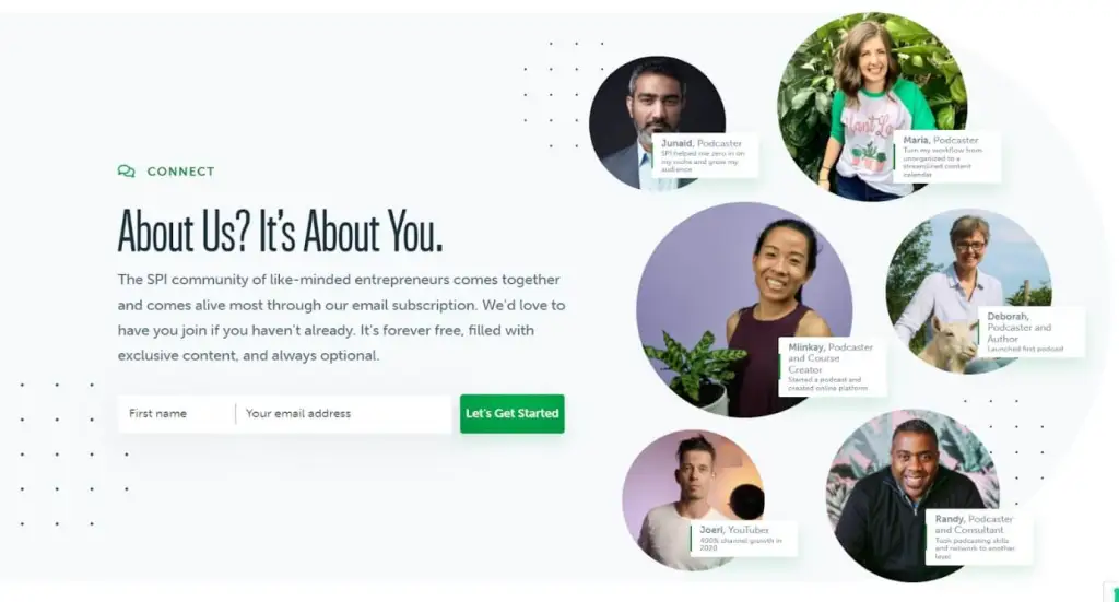 Şirkette kim olduklarını belirten 6 kişinin yer aldığı bir e-posta pazarlama reklamının resmi. E-posta talep eden bir harekete geçirici mesaj yapıldı.