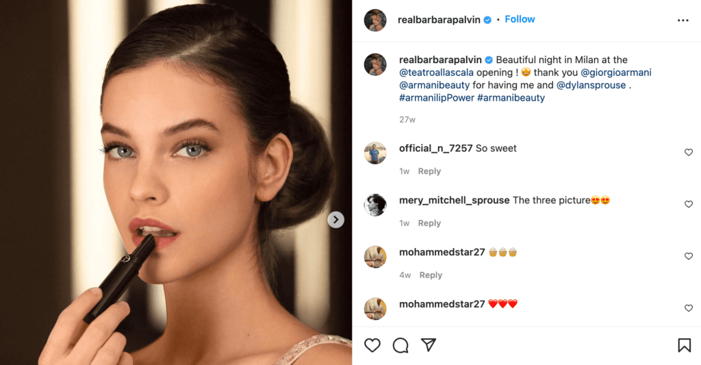 شراكة Barbara Palvin مع Armani Beauty على Instagram.