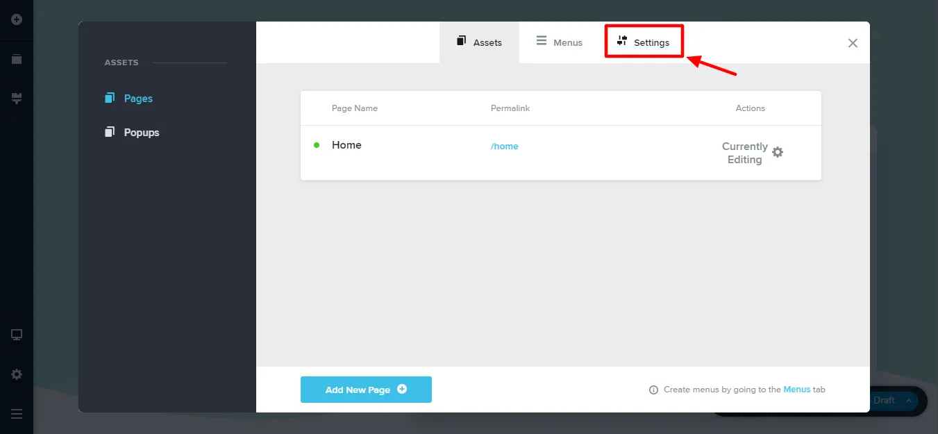 Tab pengaturan muncul