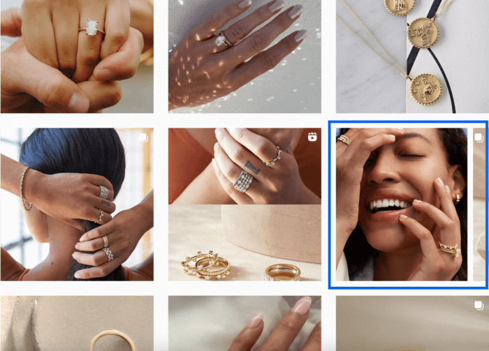 Brilliant Earth Instagram 頁面，其中突出顯示了一個提升的帖子。