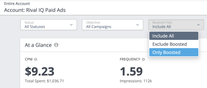 Rival IQ 允許您在 Instagram 上過濾提升帖子的結果。