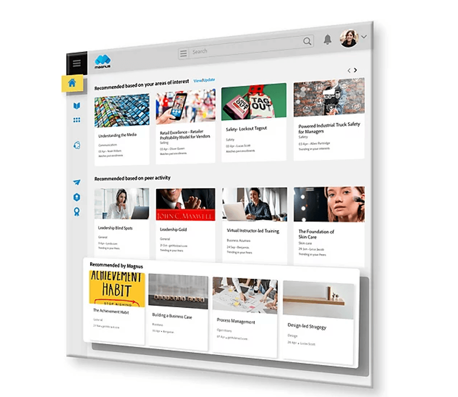 La imagen muestra la página de inicio específica para empleados de Adobe Learning Manager.