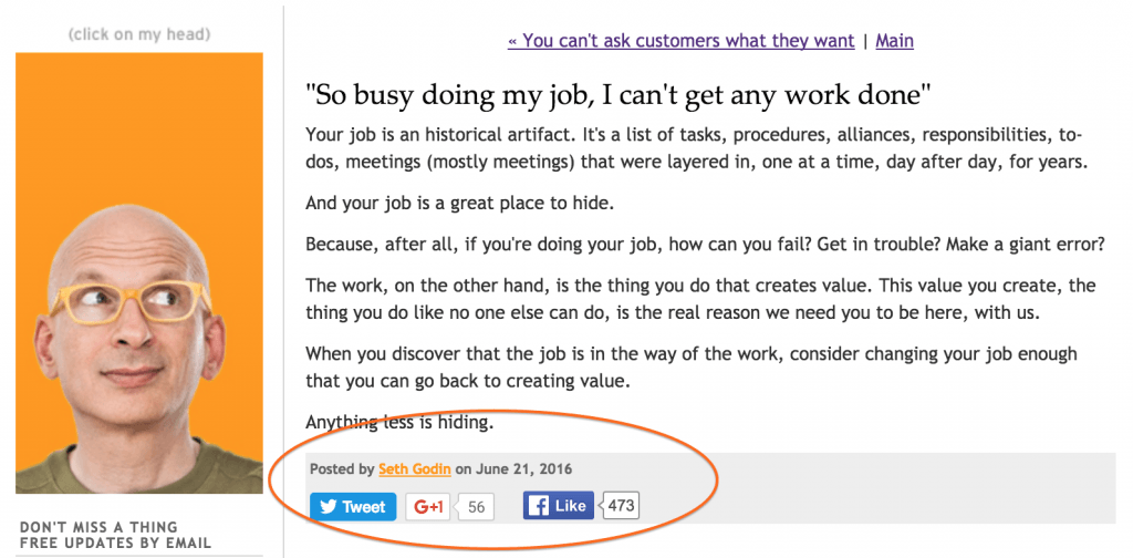 Seth Godin'in gönderinin altındaki sosyal medya simgelerini kullanma örneği