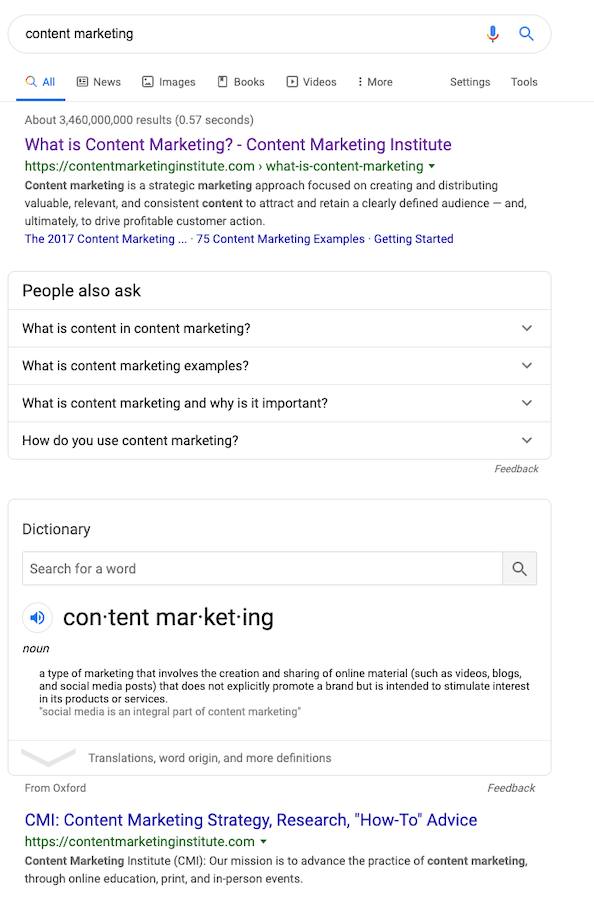 google SERP pour le terme de recherche "marketing de contenu"