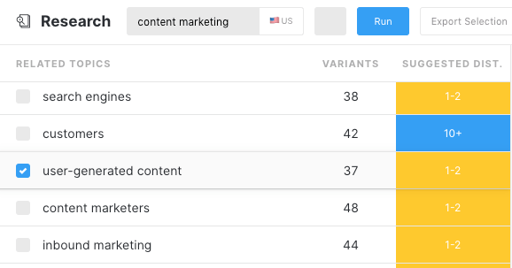 Capture d'écran de l'application de recherche MarketMuse montrant des sujets connexes.
