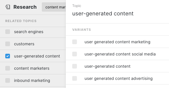 Capture d'écran de l'application de recherche MarketMuse montrant les variantes de sujet.