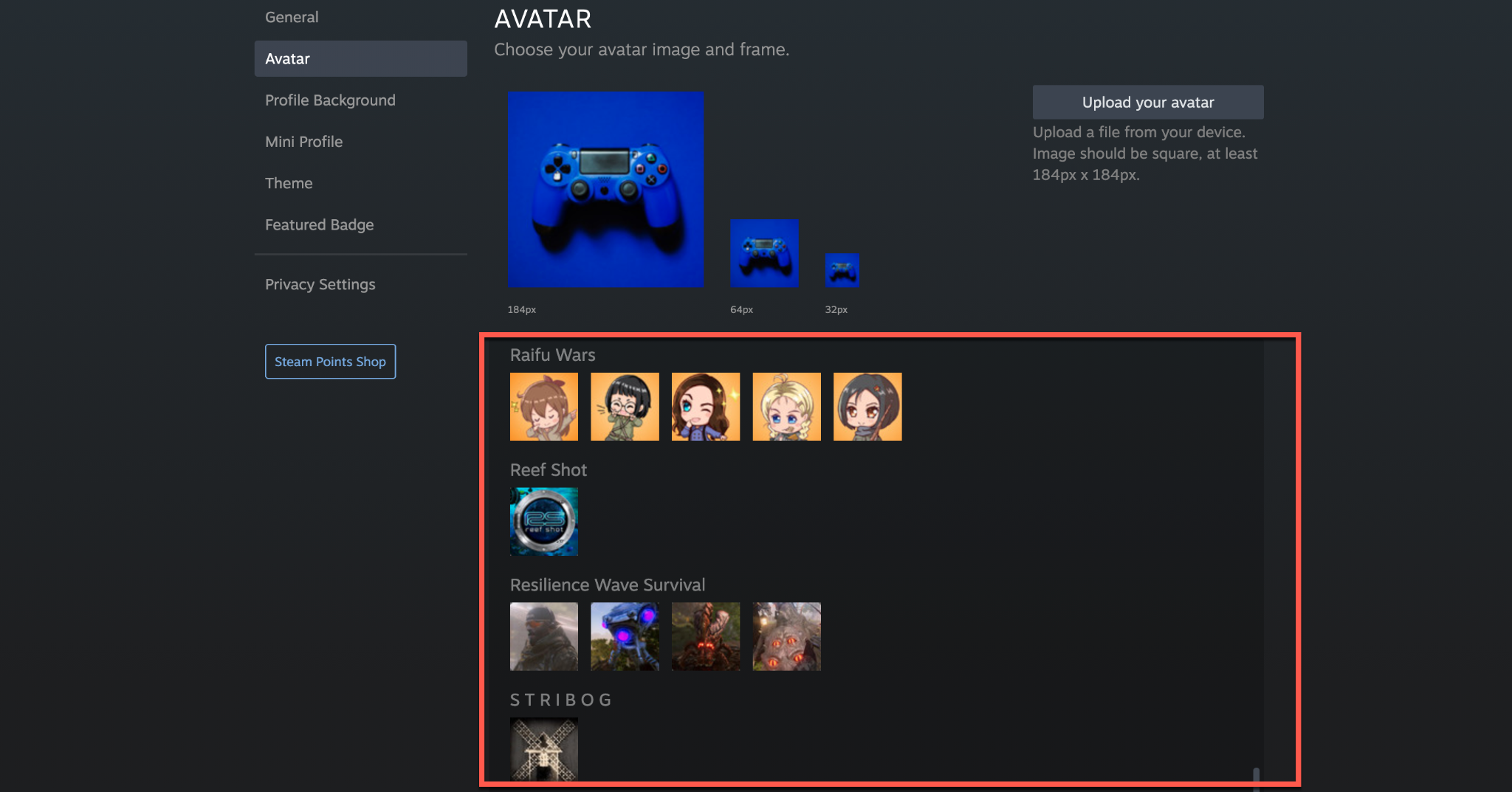 pantalla de avatar de vapor