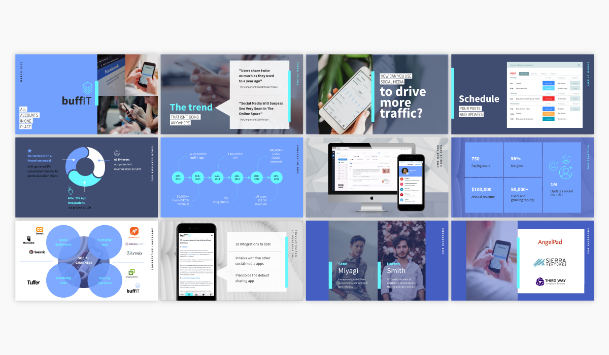 Template deck pitch biru menggunakan font Dosis.