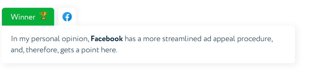 Moim zdaniem Facebook ma bardziej uproszczoną procedurę odwołania od reklam, dlatego też ma tu rację.