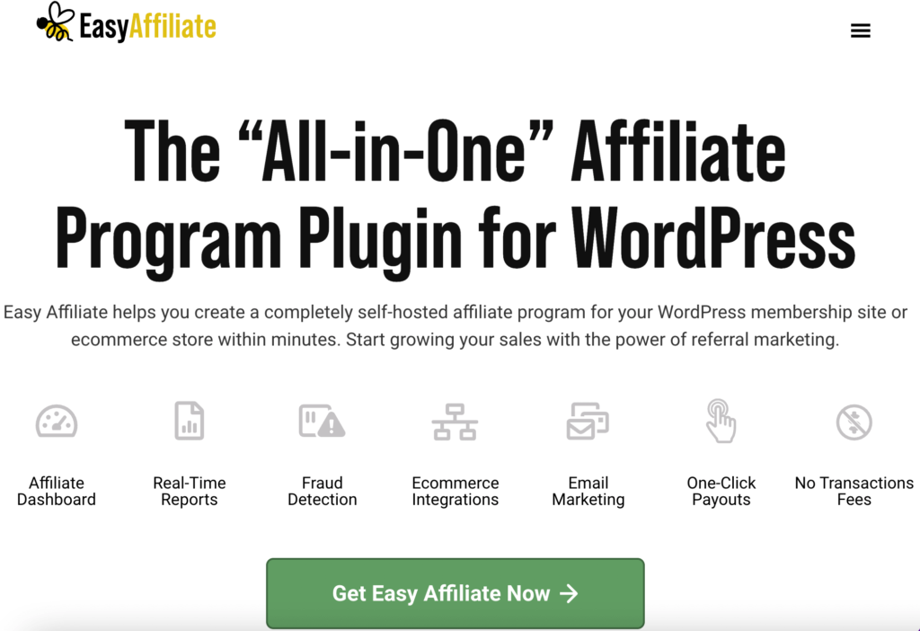 Screenshot of easy affiliate homepage