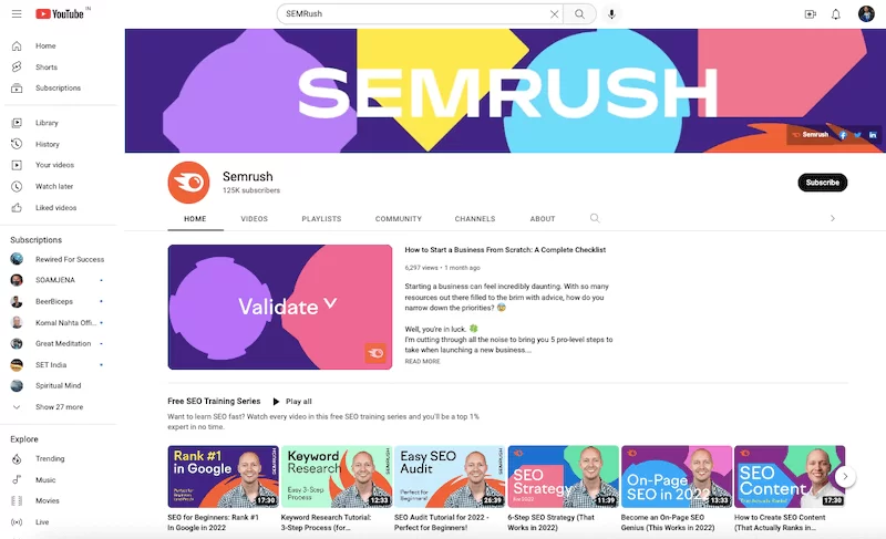 Canalul YouTube Semrush