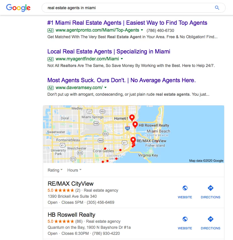 Screenshot dei risultati di ricerca di Google per "agenzie immobiliari a miami"
