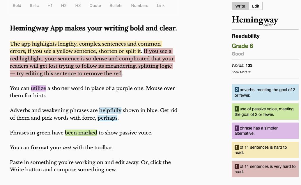 Outils d'audit SEO : Éditeur Hemingway