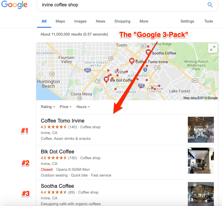 Recherche Google : Café d'Irvine - Le "Google 3-Pack"
