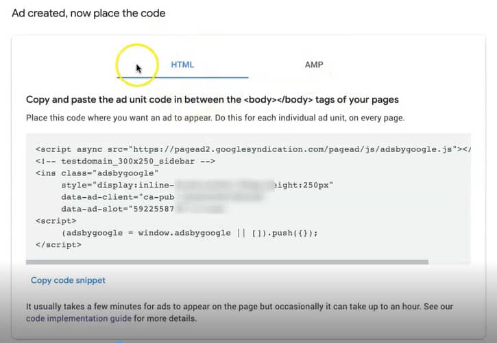最初の広告ユニットを作成してコードを挿入する