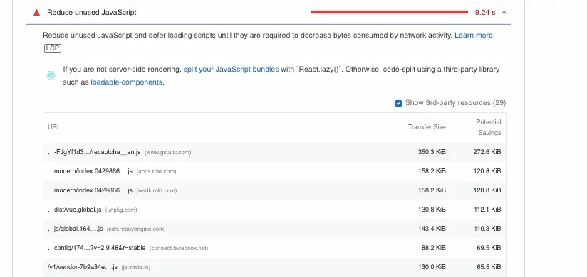 Exemple de rapport de vitesse de page suggérant de réduire le javascript