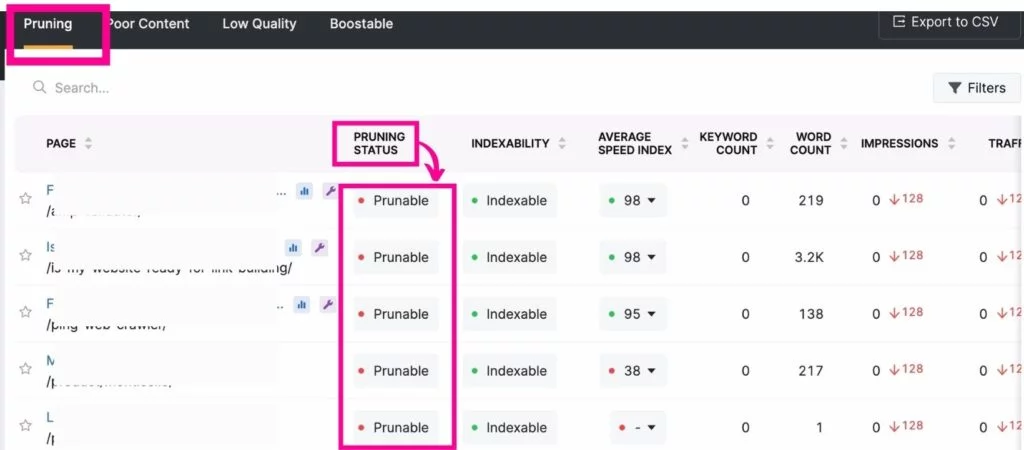Rapport d'élagage de page de searchatlas