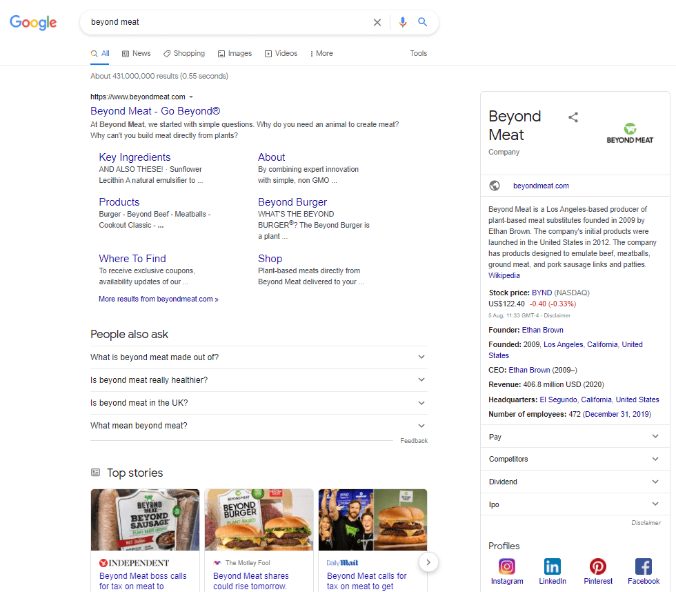 más allá de la búsqueda de carne en google para la marca serp