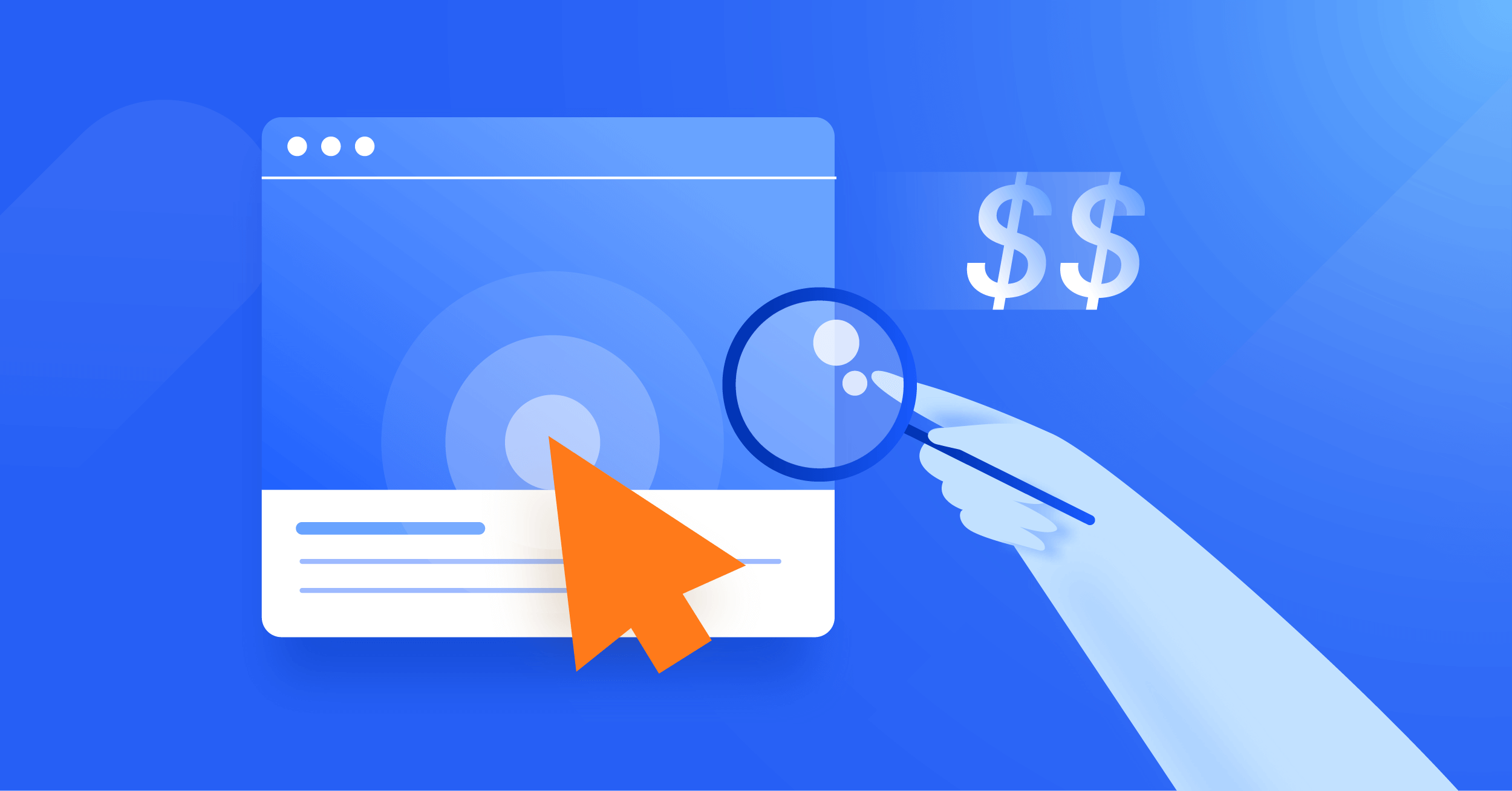 Illustration einer Hand mit einer Lupe, die Anzeigen und Dollarzeichen für das PPC-Kampagnenmanagement betrachtet