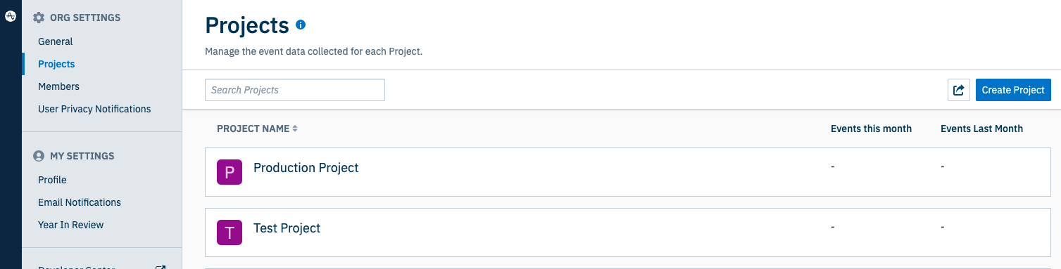 테스트 프로젝트 및 프로덕션 프로젝트