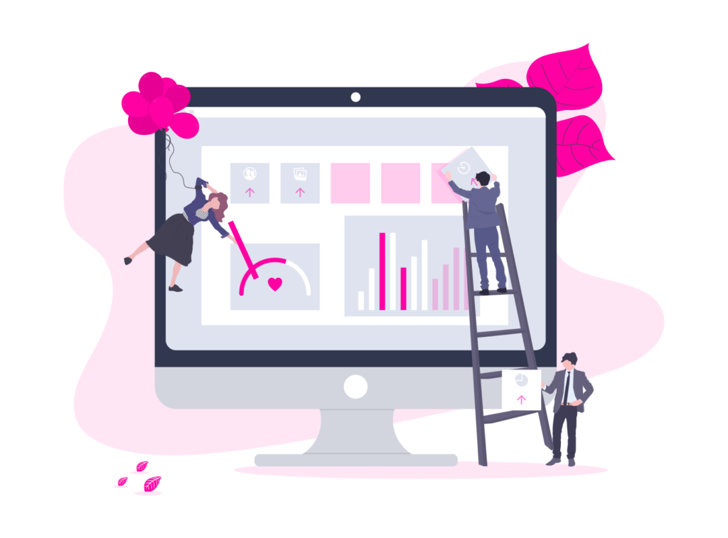 Layar komputer besar menampilkan grafik yang menggambarkan tren, dengan tiga orang melihatnya