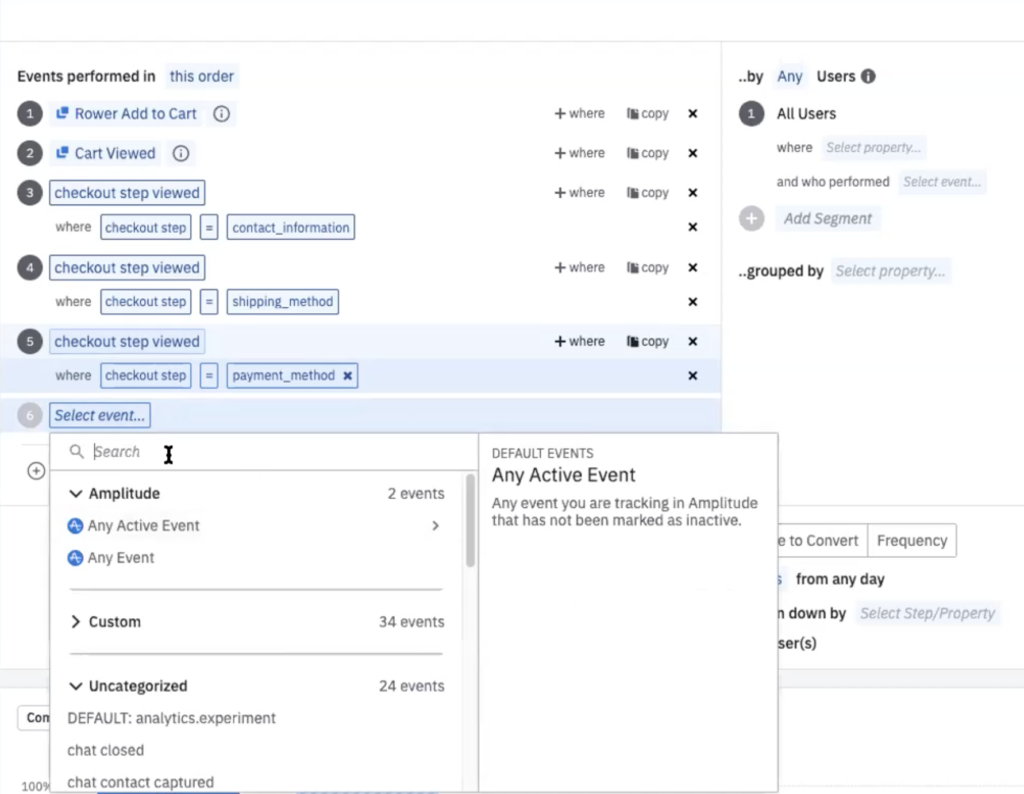 Amplitude 깔때기 차트의 전자상거래 전환 단계