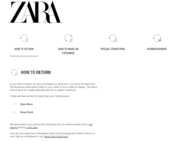 Politique de retour de Zara