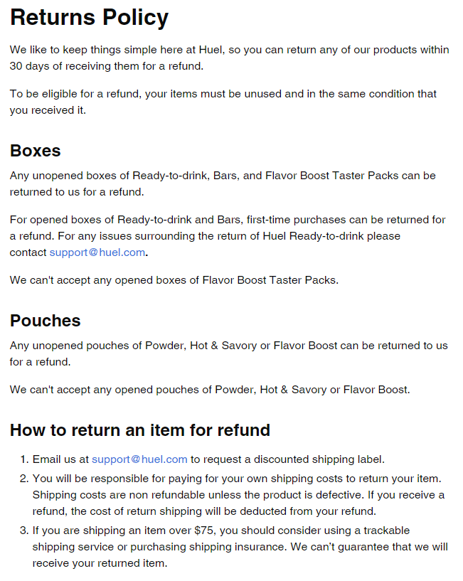 Politique de retour de Huel